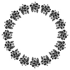 Round frame with holly berries and pine cones silhouettes. Copy space. 