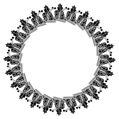Round frame with holly berries and pine cones silhouettes. Copy space.