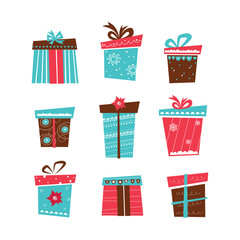 set of nine Christmas gifts on white background