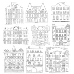 Historic old buildings line style. Outline old city building isolated set. architectural sketch.