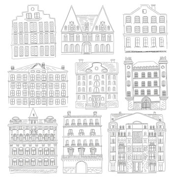 Historic old buildings line style. Outline old city building isolated set. architectural sketch.
