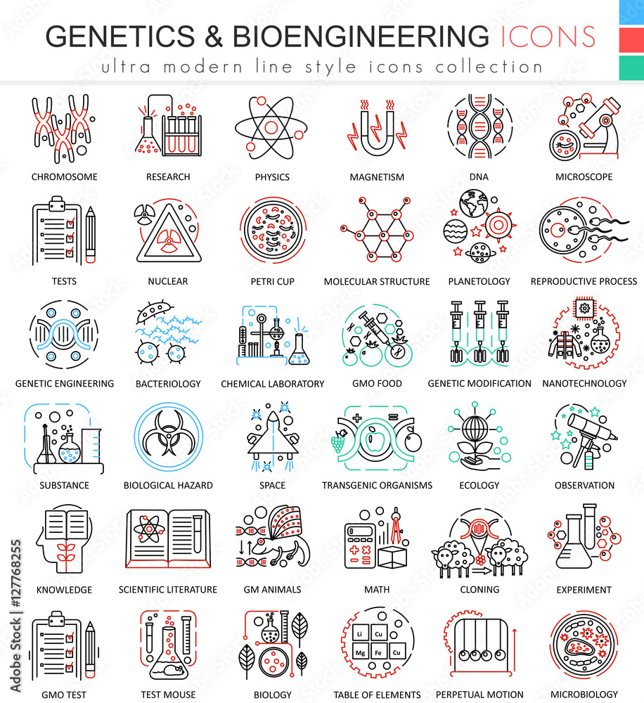Poster Vector Genetics and biochemistry color flat line outline icons for apps and web design. Genetics chemical high technology elements icons.