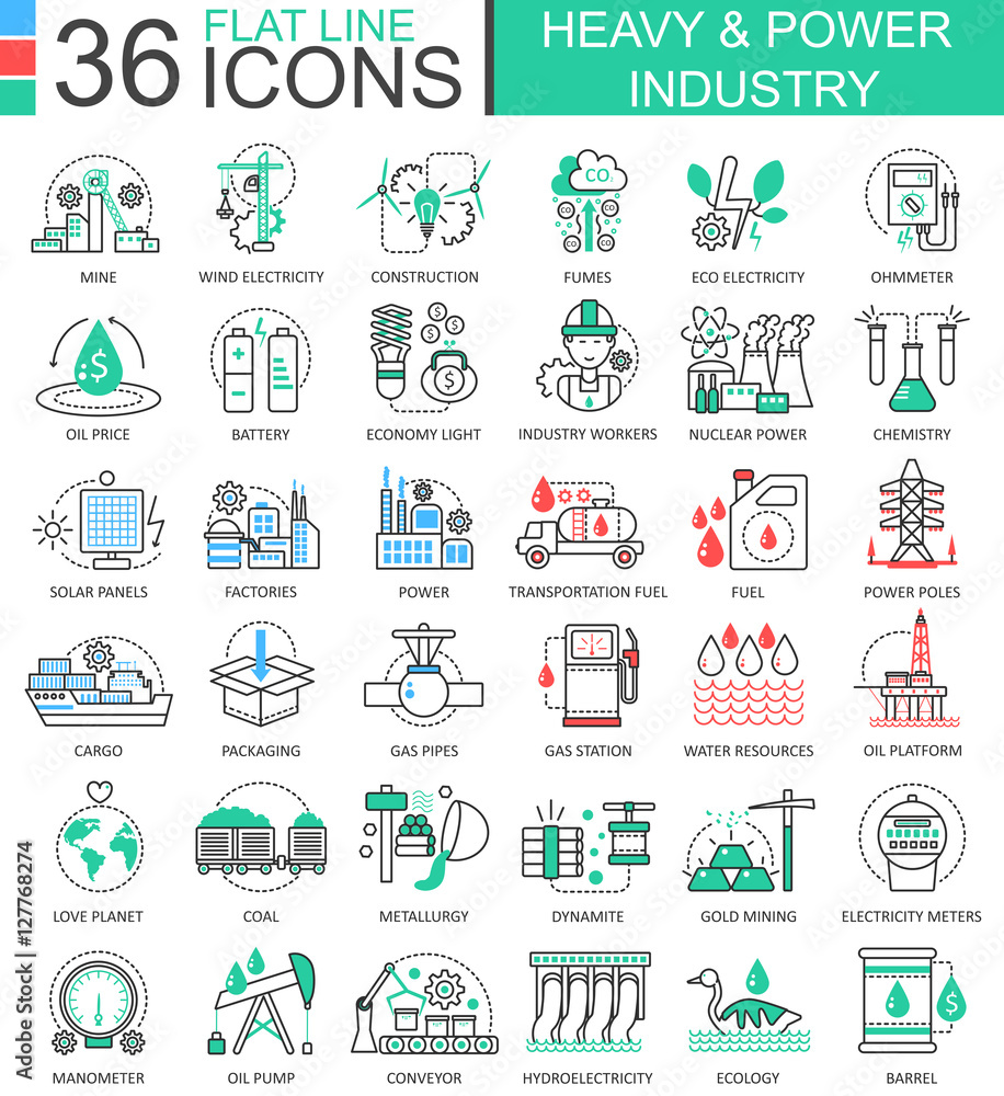 Poster vector heavy and power industry flat line outline icons for apps and web design. heavy power industr
