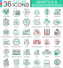 Vector Genetics and biochemistry flat line outline icons for apps and web design. Genetics chemical high technology icons.