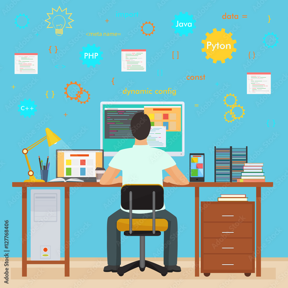 Poster Man programmer back working on his PC computer. Programming and Coding. Office interior programmer with icons.