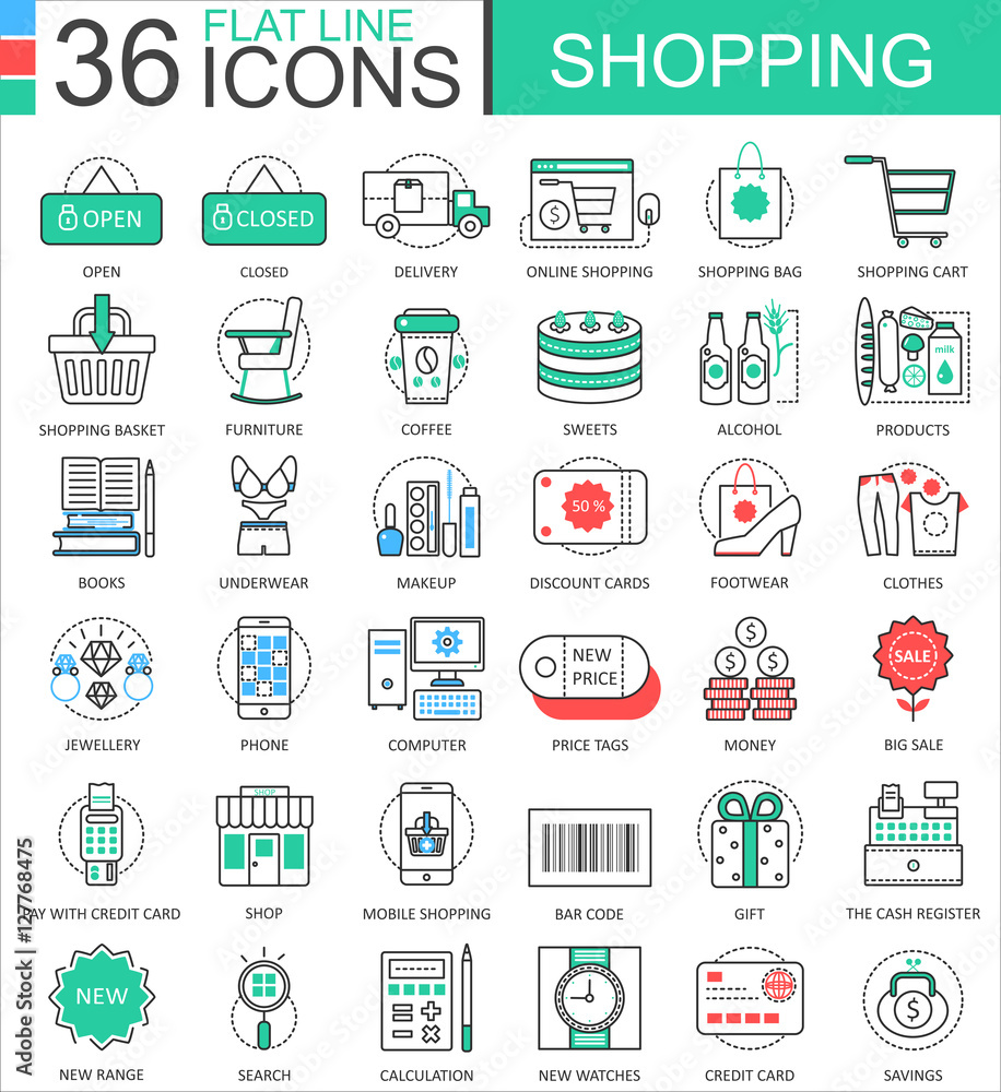 Poster Vector Shopping e-commerce color flat line outline icons for apps and web design. Shopping mall commerce icons elements.