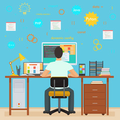 Man programmer back working on his PC computer. Programming and Coding. Office interior programmer with icons.