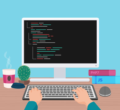 Man programmer hands working on his PC computer. Coding and programming. Head monitor view vector illustration.