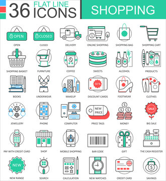 Vector Shopping e-commerce color flat line outline icons for apps and web design. Shopping mall commerce icons elements.