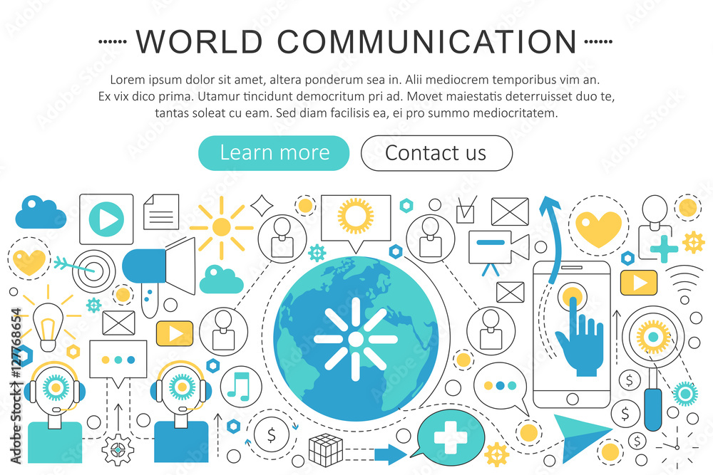 Poster Vector elegant thin flat line World communication concept. Web header World communication banner elements layout. Presentation, flyer and poster.