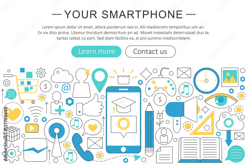 Poster vector elegant thin flat line your smartphone phone concept. smartphone header banner elements layou