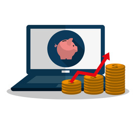 Laptop piggy and coins icon. Profit money commerce and economy theme. Isolated design. Vector illustration