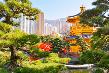 View of the Golden Pavilion temple in Nan Lian Garden, Hong Kong