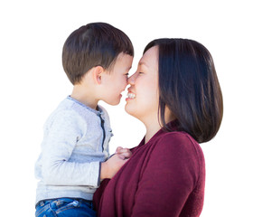 Happy Playful Young Mixed Race Chinese Mother and Son Isolated on a White Background.