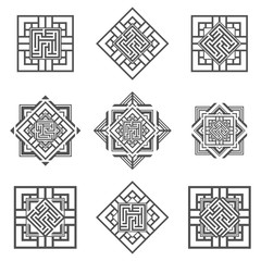 Set of abstract maze elements, maze emblem, square ornament, pattern