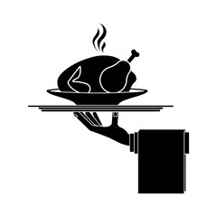 silhouette monochrome dish with hot chicken roast in tray vector illustration