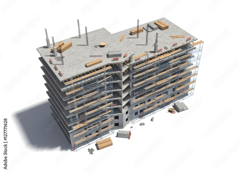 Poster rendering of building under construction with scaffolding and different equipment.