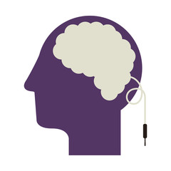 purple silhouette head and human brain with jack connector vector illustration
