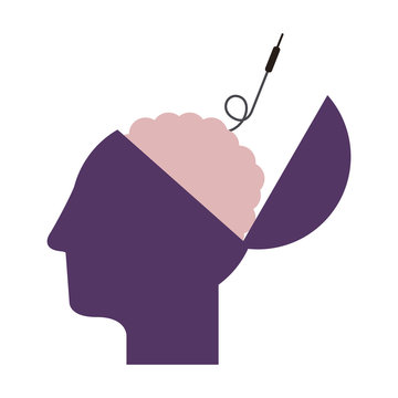 purple silhouette open head and human brain with jack connector