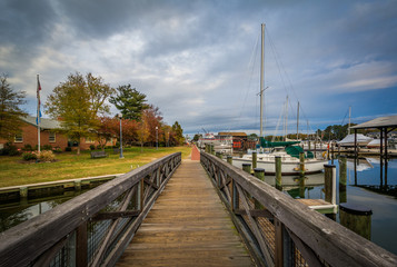 Bridge and boats docked in the harbor, in St. Michaels, Maryland