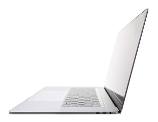 silver laptop PC side view on white background