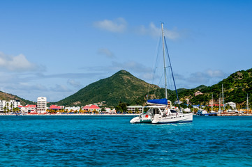 Fototapeta na wymiar St. Maarten view with a catamaran