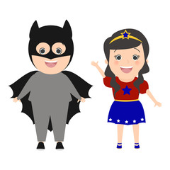 Children superheroes. Children in different carnival costumes. Vector cartoon