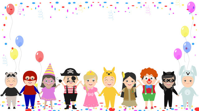 Children's festive background. Children in different carnival costumes. Vector cartoon