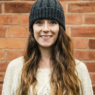 Woman Beanie Hat Hipster Style Brick Wall Smiling Concept