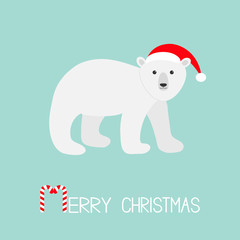 Arctic polar bear cub. Red Santa hat. Cute cartoon baby character. Merry Christmas greeting card. Candy cane stick text. Flat design. Blue background