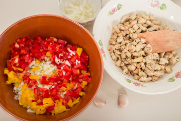 ingredients for pizza or doner, tortilla in dishes