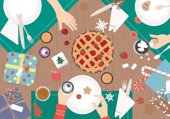 Christmas Dinner on wood table Vector Design.