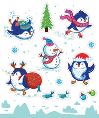 Snow sticker set with cartoon penguins, snowman and snowflakes