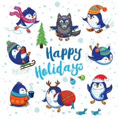 Holidays card with cute cartoon penguins