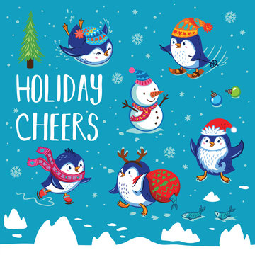 Holidays card with cute cartoon penguins