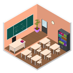 Interior Classroom with Furniture Isometric View. Vector