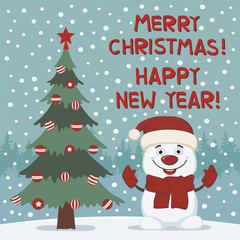 Merry Christmas and Happy New year! Funny snowman near Christmas tree. Card in cartoon style.