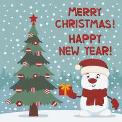 Merry Christmas and Happy New year! Funny snowman with gift near Christmas tree. Card in cartoon style.