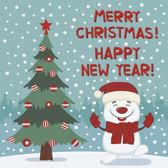 Fototapeta na wymiar Merry Christmas and Happy New year! Funny snowman dancing near Christmas tree. Card in cartoon style.