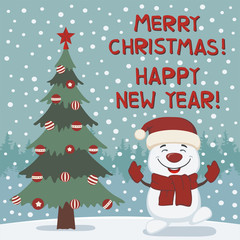 
Merry Christmas and Happy New year! Funny snowman dancing near Christmas tree. Card in cartoon style.