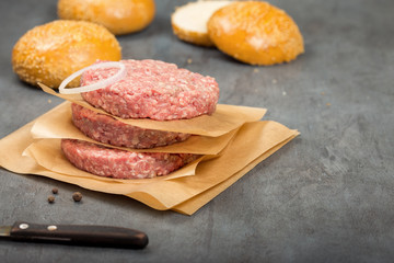 Raw ground beef meat cutlets on paper