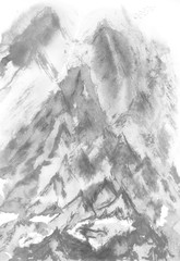 Mountains in the fog. Watercolor painting. Monochrome. Illustration Chinese-style.