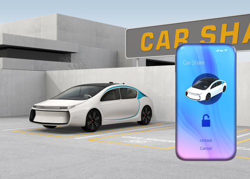 Smart phone with car sharing app in front of the white car. Concept for car sharing. 3D rendering image.