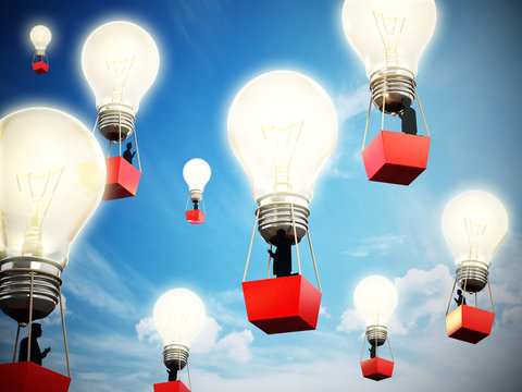 Businessmen travelling inside lightbulb balloons. 3D illustration
