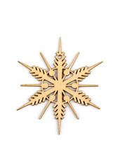 Winter,Christmas, New Year wooden decoration - snowflake, star. Isolated on white background. Top view. Closeup.