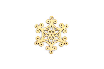 Winter,Christmas, New Year wooden decoration - snowflake, star. Isolated on white background. Top view. Closeup.