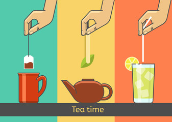 Tea tradition vector concept illustration. The hand preparing  from  bags, green , ice .