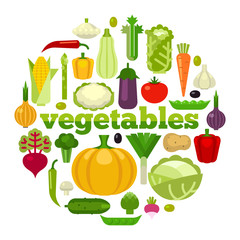 Healthy Food concept vector illustration. Flat style vegetables in the shape of circle on white background.