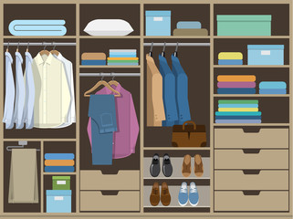 Wardrobe room full of men's cloths. Flat design