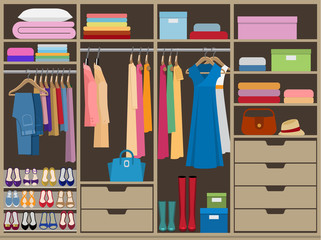 Wardrobe room full of woman's cloths. Flat style vector illustration.